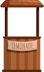 Cartoon wooden lemonade stand with a banner, perfect for representing summer refreshments and entrepreneurship