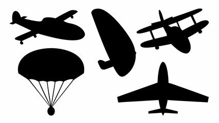Silhouette illustration showing various types of aircraft and a parachute in black color scheme design