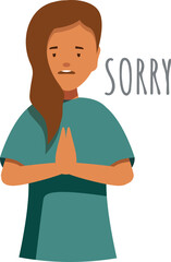 Young woman keeping hands together while apologizing, showing remorse and regret