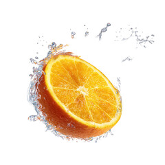 Slice of orange submerged, causing water splash, isolated on black background