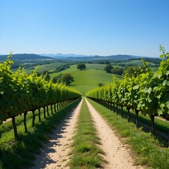 Fototapeta premium Serene Green Vineyard Path Winding Through Rolling Hills Under a Clear Blue Sky in a Picturesque Countryside Setting