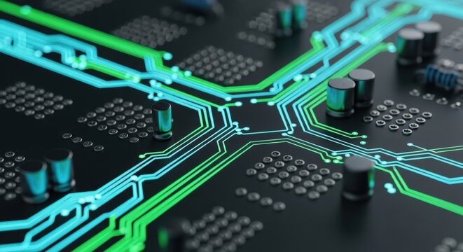 Futuristic circuit board with glowing blue and green lines