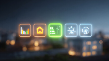 Digital interface display representing various metrics related to energy, environment, and sustainability concepts at dusk.