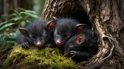 Nestled between the roots of an old Tasmanian tree, a baby devil sleeps curled beside its littermates