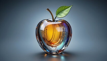 glass apple, crystal fruit, artistic illusion, vibrant colors, surreal design, photorealistic render, detailed transparent object, green leaf, conceptual imagery, abstract composition.