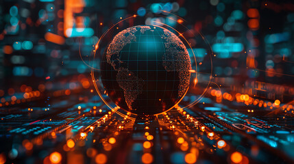 Dynamic digital world globe surrounded by abstract data streams and glowing connections, showcasing innovation and futuristic technology.