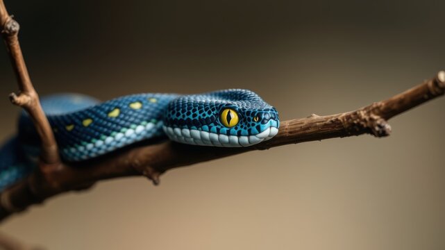 Vibrant blue python with striking yellow eyes coiled on a natural tree branch