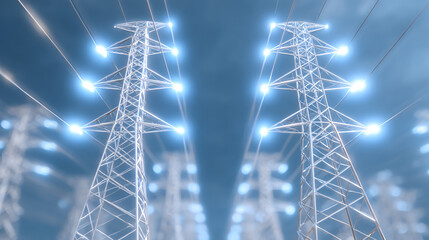 High voltage power lines with glowing lights illuminating the grid, showcasing the structure and energy of electrical distribution.