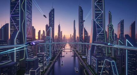 Futuristic city skyline with glowing neon lights architecture