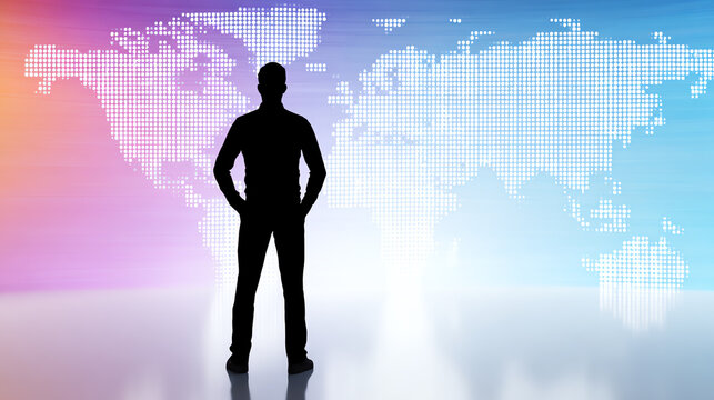 Silhouette of a business person standing confidently against a vibrant digital world map background symbolizing global connectivity.