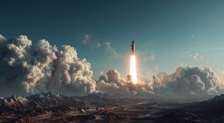 A rocket launches from a desert landscape into a sunrise