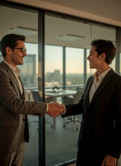 Two successful businessmen or partners shaking hands to seal a deal. A concept of agreement, collaboration, and partnership in a modern office with warm, golden sunlight.