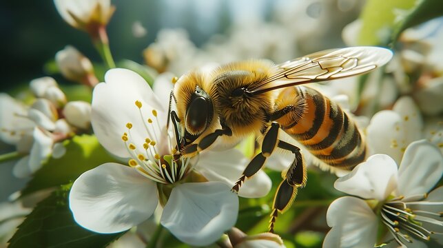 a wide shot of a bee collectin pollin on the cherry tree, adopt a bee, save the bees