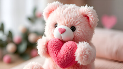 Fototapeta premium Soft Pink Teddy Bear Hugging a Bright Pink Heart, Close-Up Shot