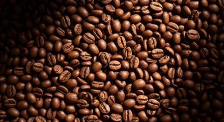 Fototapeta premium A Generous Pile of Rich Dark Roasted Coffee Beans Filling the Frame Evoking Aroma and Morning Energy for Cafes and Breakfast Menus