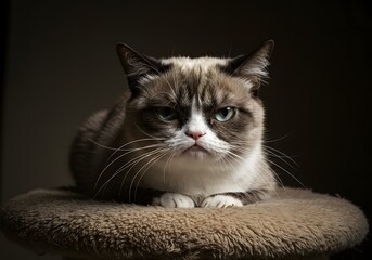 Portrait of a grumpy-looking cat with a stern expression.