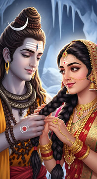 Lord Shiva and Parvati braiding hair in icy landscape