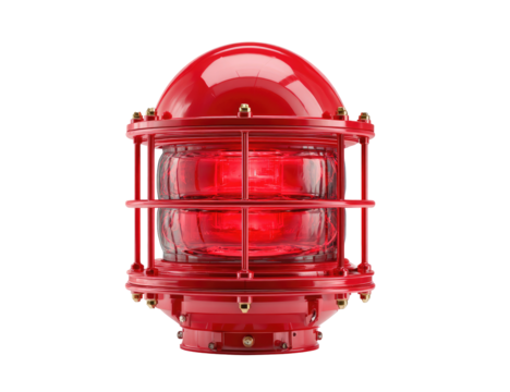 Red, rounded, nautical warning light with metal cage