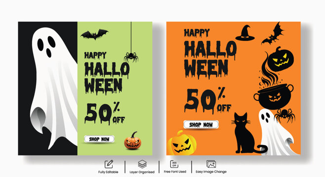 Halloween Sale Social Media Banner Template Set with Spooky Ghosts, Pumpkins, Bats, Cats – Perfect Square Ads, Illustration Backgrounds, Trick or Treat Discounts & Special Offers