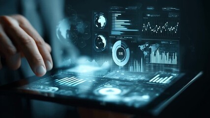 Hand interacting with futuristic tablet showing digital data analytics dashboard - Powered by Adobe