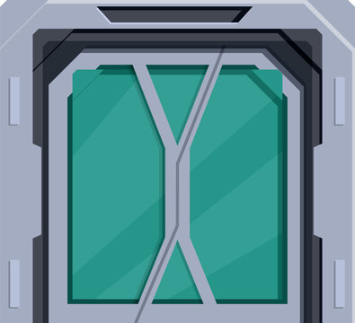 Spaceship metal door with green window is opening, showing futuristic interior