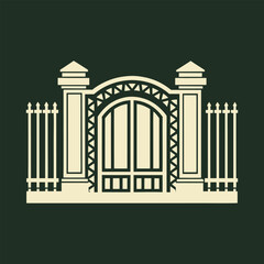 Ornate beige gate with decorative arch and fence posts on dark green background entrance