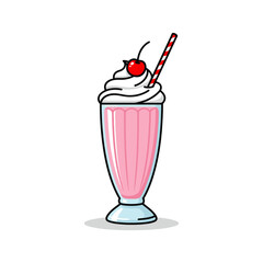 Isolated strawberry milkshake with whipped cream and cherry topping with a red and white straw design