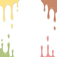 Colorful drips of yellow brown green and pink paint or liquid on a white background creating a frame