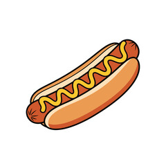 A cartoon hot dog with mustard on a white background in a simple and clean vector illustration style