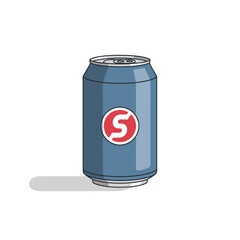 Cartoon illustration of a blue soda can with a red and white s logo on a white background
