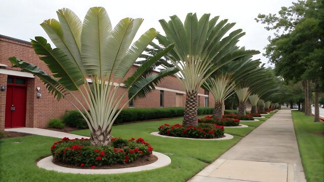 Traveler's Palms Lined Up Along Sidewalk and Building Keywords: traveler's palm, ravenala