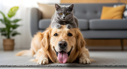 Obraz na płótnie Canvas Adorable Golden Retriever and British Shorthair Cat Best Friends Posing Together at Home