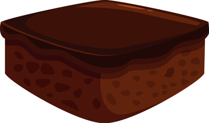 Square chocolate brownie cake covered with chocolate cream on white background