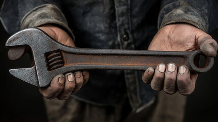 Close up hand of a mechanic holding a wrench tool 
