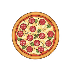 A pepperoni pizza cut into slices with basil leaves on top isolated on a white background vector art