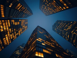 Looking up at illuminated skyscrapers at night