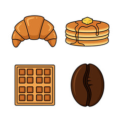 Illustration of a croissant, pancakes with butter and syrup, waffle, and a coffee bean on a light background
