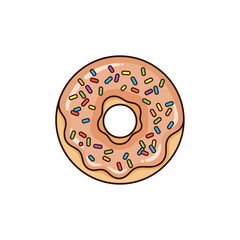 Obraz premium Illustration of a donut with pink icing and colorful sprinkles on a white background simple design