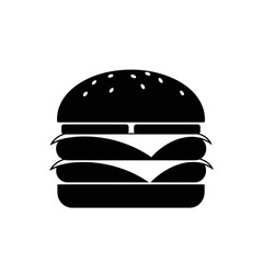 A black and white graphic depiction of a burger with cheese and a seeded bun on a white background