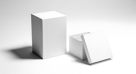 Two blank white cardboard boxes one closed and one open on a white background with soft shadows