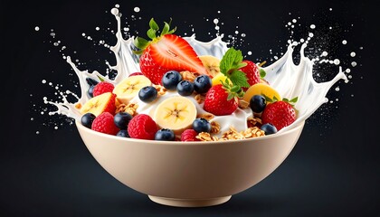Bowl of fresh fruit salad splashing with milk on dark table representing healthy eating and vibrant lifestyle.