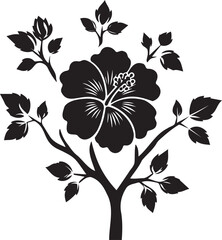 Hibiscus Elegance: A striking black and white illustration of a hibiscus flower, showcasing its intricate petals, lush leaves, and graceful branches, symbolizing the beauty and serenity of nature.
