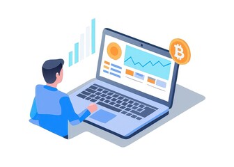 a man sitting on a laptop with a bitcoin icon on the screen