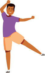 Young man with purple t shirt and beige shorts dancing energetically, expressing joy and freedom through dynamic movements