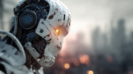 Fototapeta premium Futuristic robot with glowing eyes observing a burning city in a dystopian future, showcasing advanced technology and the potential consequences of artificial intelligence