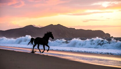 A majestic black horse gallops along a sandy beach at sunset, against a backdrop of crashing waves and a mountain range.