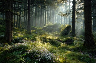 Fototapeta premium Sunbeams illuminating a misty forest floor carpeted in wildflowers