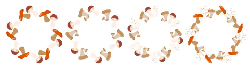 A collection of various mushrooms arranged in a circular pattern. The mushrooms display different colors and shapes, showcasing their natural diversity