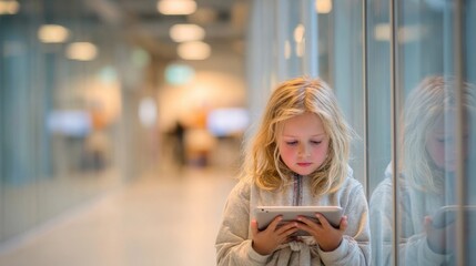 Pretty blonde girl using a tablet in a modern building's corridor, looking focused and engaged, with a softly blurred background enhancing the contemporary interior design