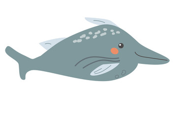 Cute cartoon whale with patterns and cheeks in side view illustration.